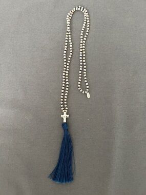Beaded Cross Necklace with Navy Tassel Accent 18”